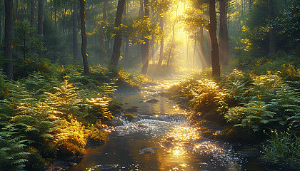 Explore a serene forest glade at dawn, with sunlight filtering through ancient trees, casting a gentle glow on dew-kissed ferns and a babbling brook.