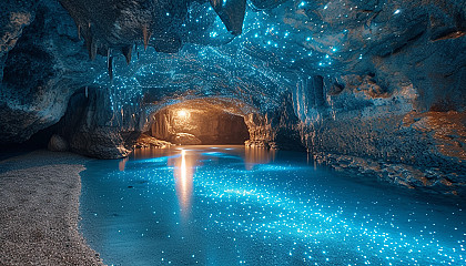 Enter a subterranean cavern illuminated by bioluminescent fungi, creating an eerie, phosphorescent underground world.