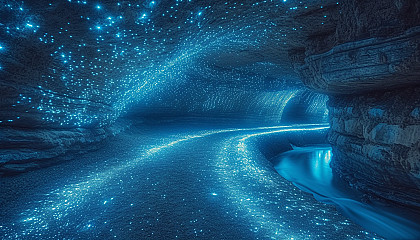 Enter a subterranean cavern illuminated by bioluminescent fungi, creating an eerie, phosphorescent underground world.