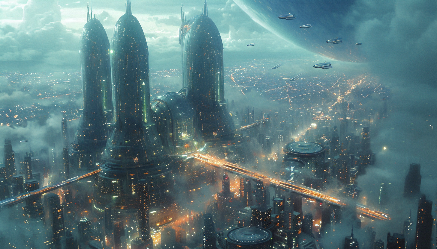 Design a high-tech metropolis of the future, where sleek, glass buildings stretch into the sky, and hovercrafts zip through translucent highways.