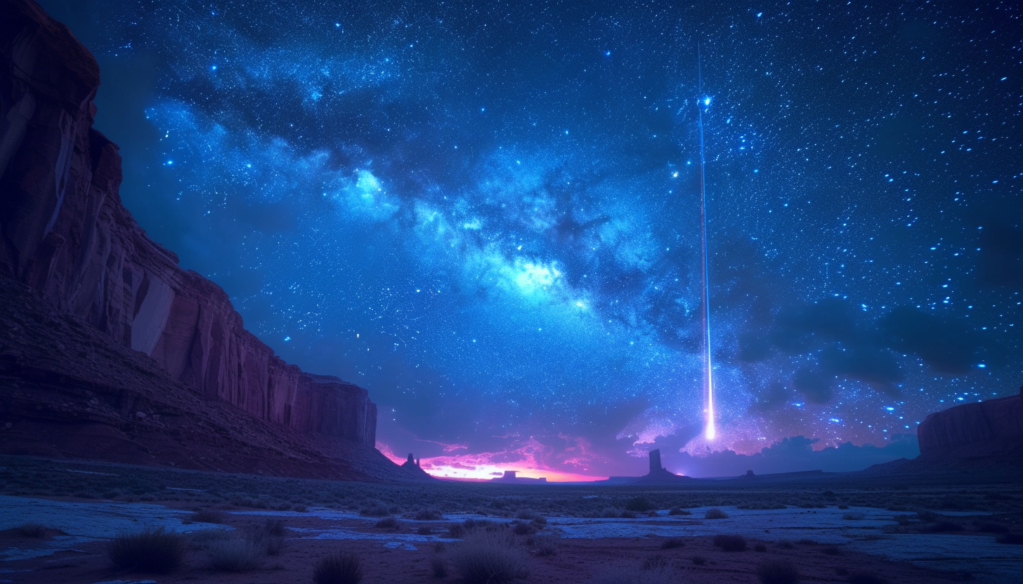 Witness a breathtaking meteor shower in a desert landscape, with shooting stars streaking across the vast, open night sky.