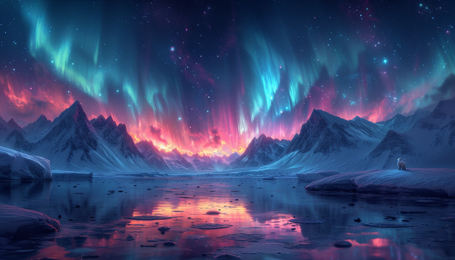 Visualize an Arctic landscape with snow-covered mountains, polar bears, and the mesmerizing dance of the Northern Lights in the night sky.