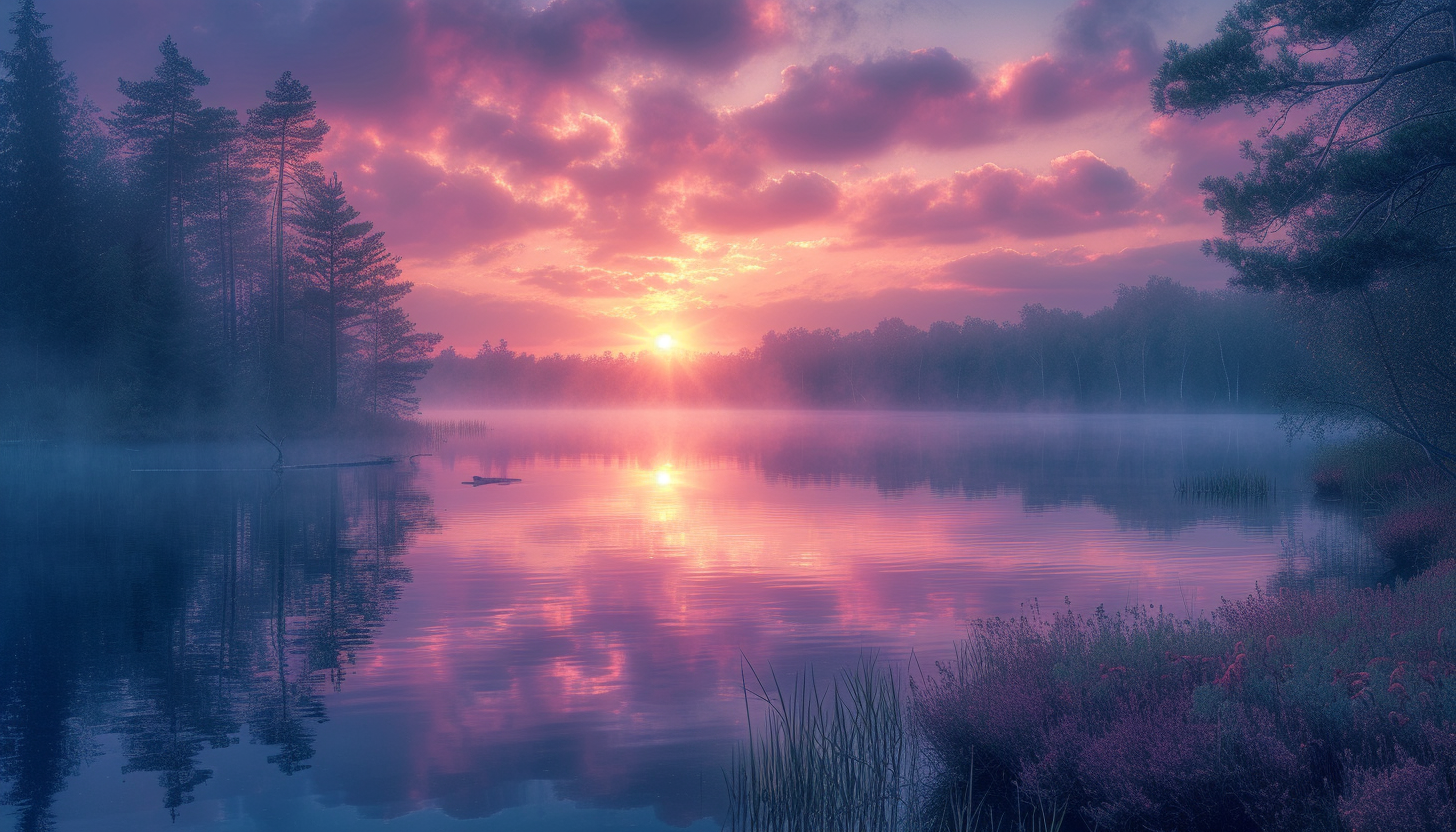 Discover a tranquil lakeside scene at dawn, where mist rises from the water, and the first light of day paints the sky with delicate pastels.