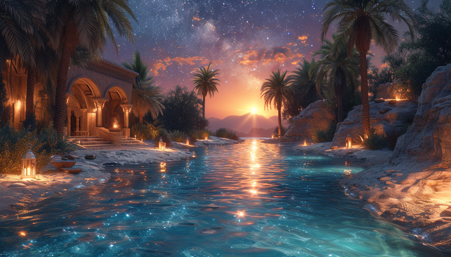 Nighttime in a desert oasis under a canopy of stars, with palm trees surrounding a small, serene pool of water, and the gentle rustling of nocturnal creatures.