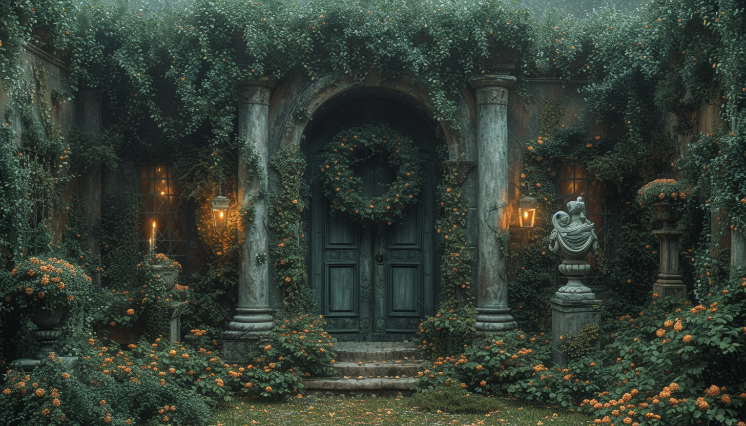 Discover a secret garden hidden within an overgrown maze, filled with hidden treasures, enchanting statues, and a sense of mystery.