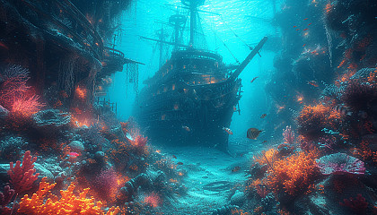 Descend into the depths of a sunken shipwreck on the ocean floor, where ghostly shadows, colorful fish, and hidden treasures await discovery.
