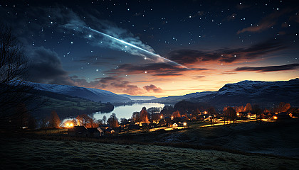 A comet streaking across the night sky with its luminous tail.