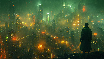 Immerse yourself in a dystopian cyberpunk cityscape, where towering megacorporation buildings cast shadows over neon-lit streets.