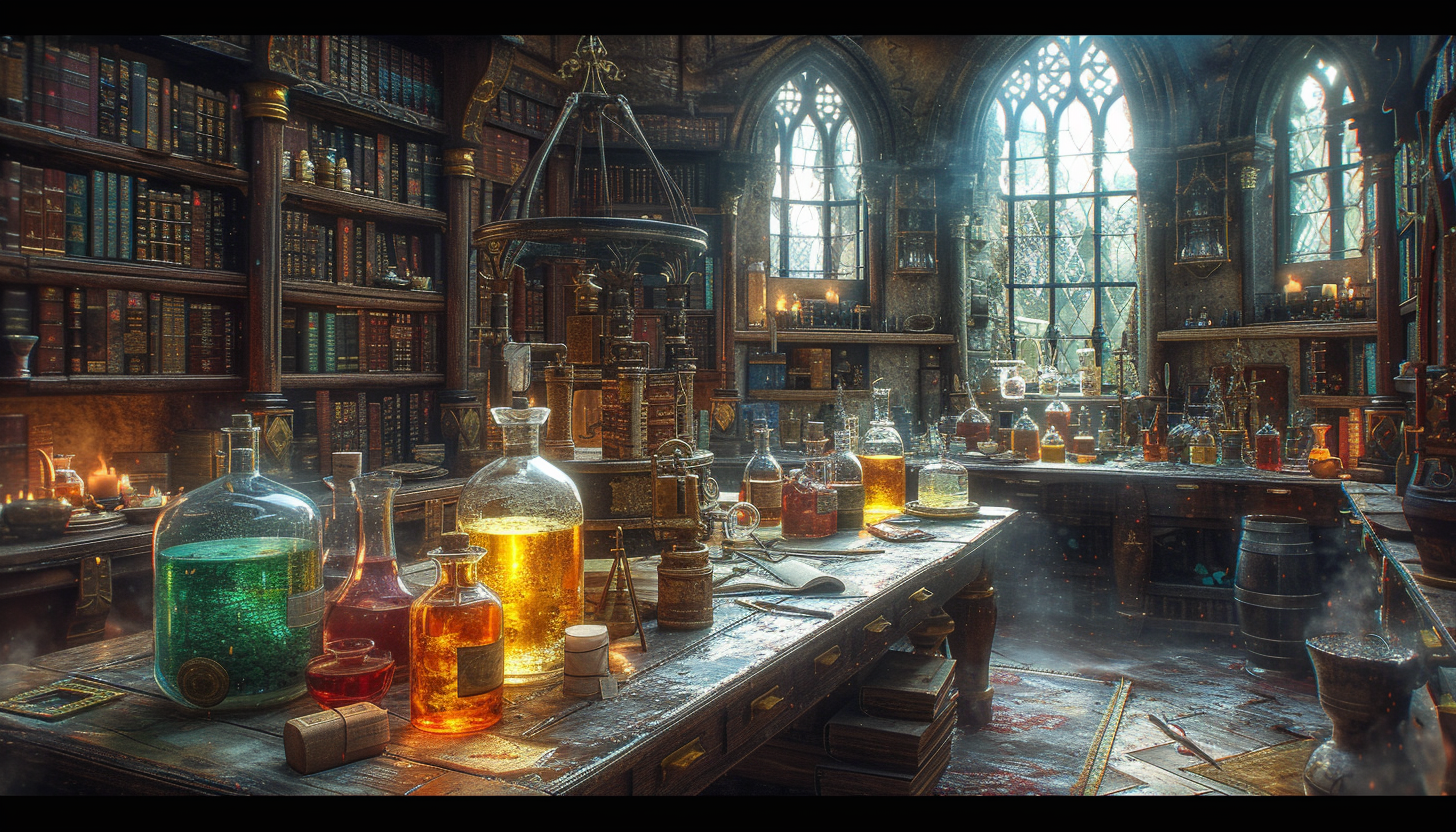 Step into a medieval alchemist's laboratory, with bubbling potions, arcane symbols, and the promise of mystical discoveries.