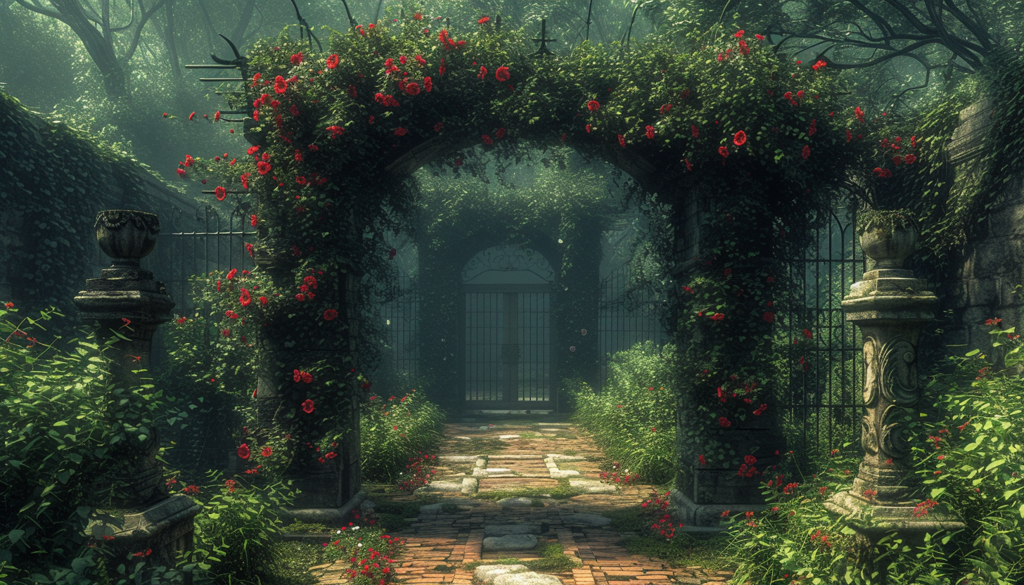 Discover a secret garden hidden within an overgrown maze, filled with hidden treasures, enchanting statues, and a sense of mystery.