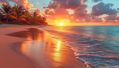 A sun-kissed beach at sunset, with palm trees, golden sands, and gentle waves rolling in under a colorful sky.