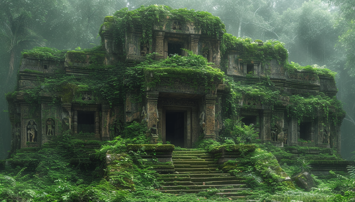 Abandoned ancient temple in a dense jungle, overrun by vines, with mysterious statues and a hidden treasure chest.