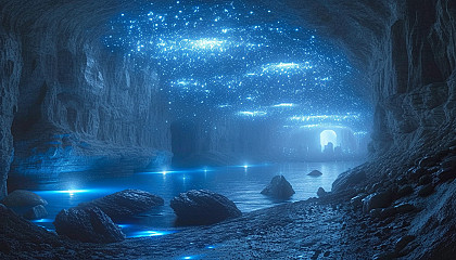 Enter a subterranean cavern illuminated by bioluminescent fungi, creating an eerie, phosphorescent underground world.