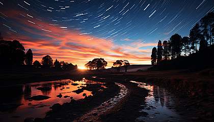 Star trails captured in a long-exposure image, creating a whirl of light in the night sky.