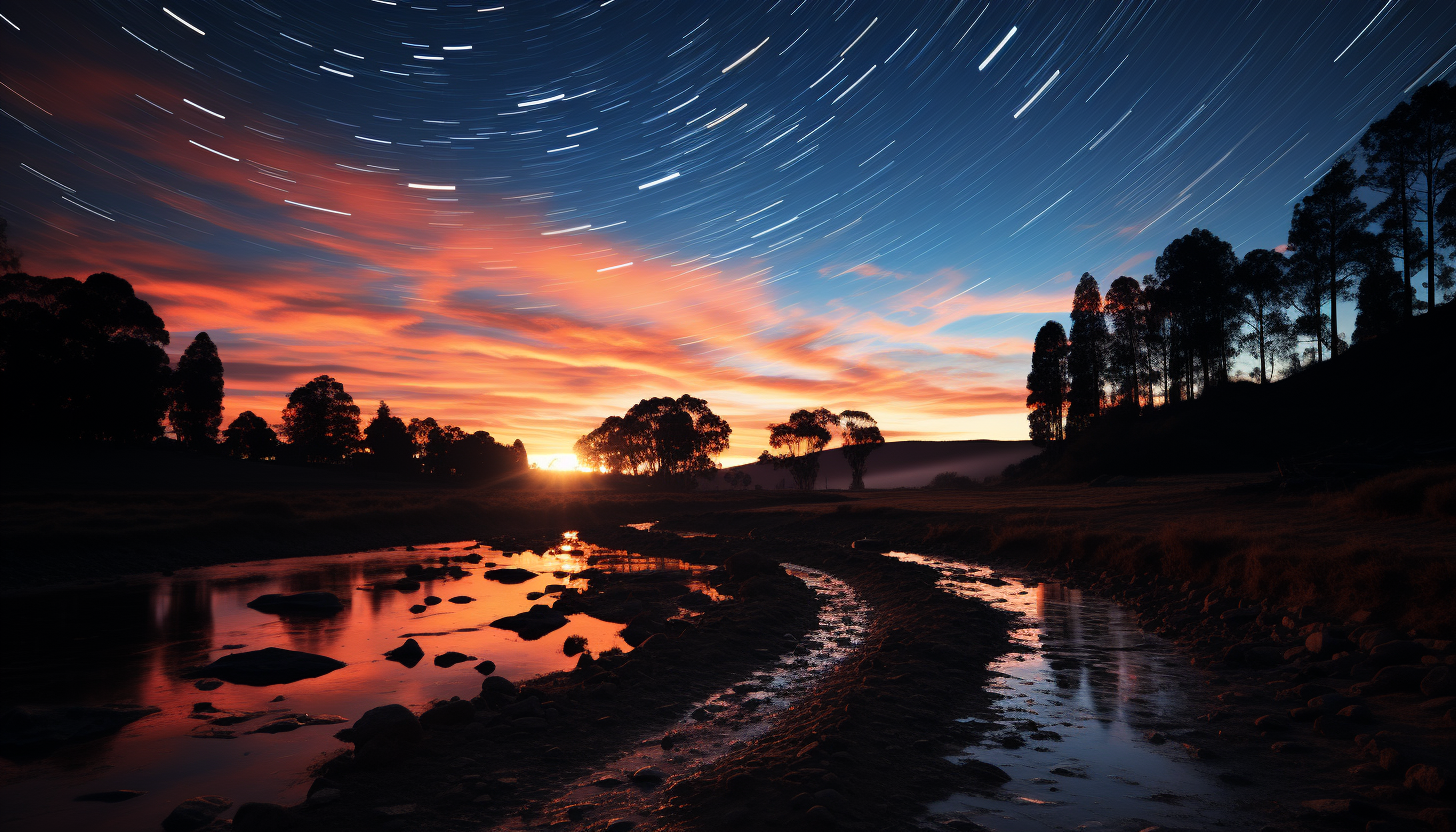 Star trails captured in a long-exposure image, creating a whirl of light in the night sky.