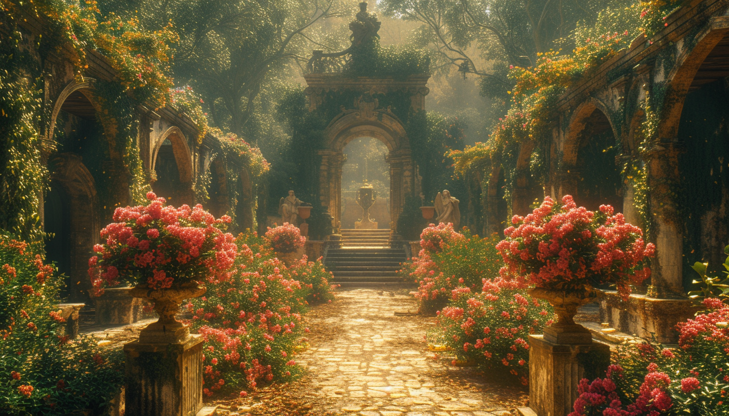 Discover a secret garden hidden within an overgrown maze, filled with hidden treasures, enchanting statues, and a sense of mystery.