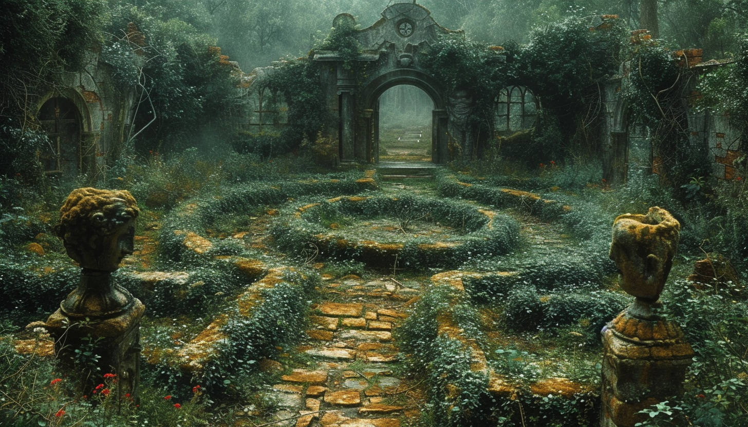 Discover a secret garden hidden within an overgrown maze, filled with hidden treasures, enchanting statues, and a sense of mystery.