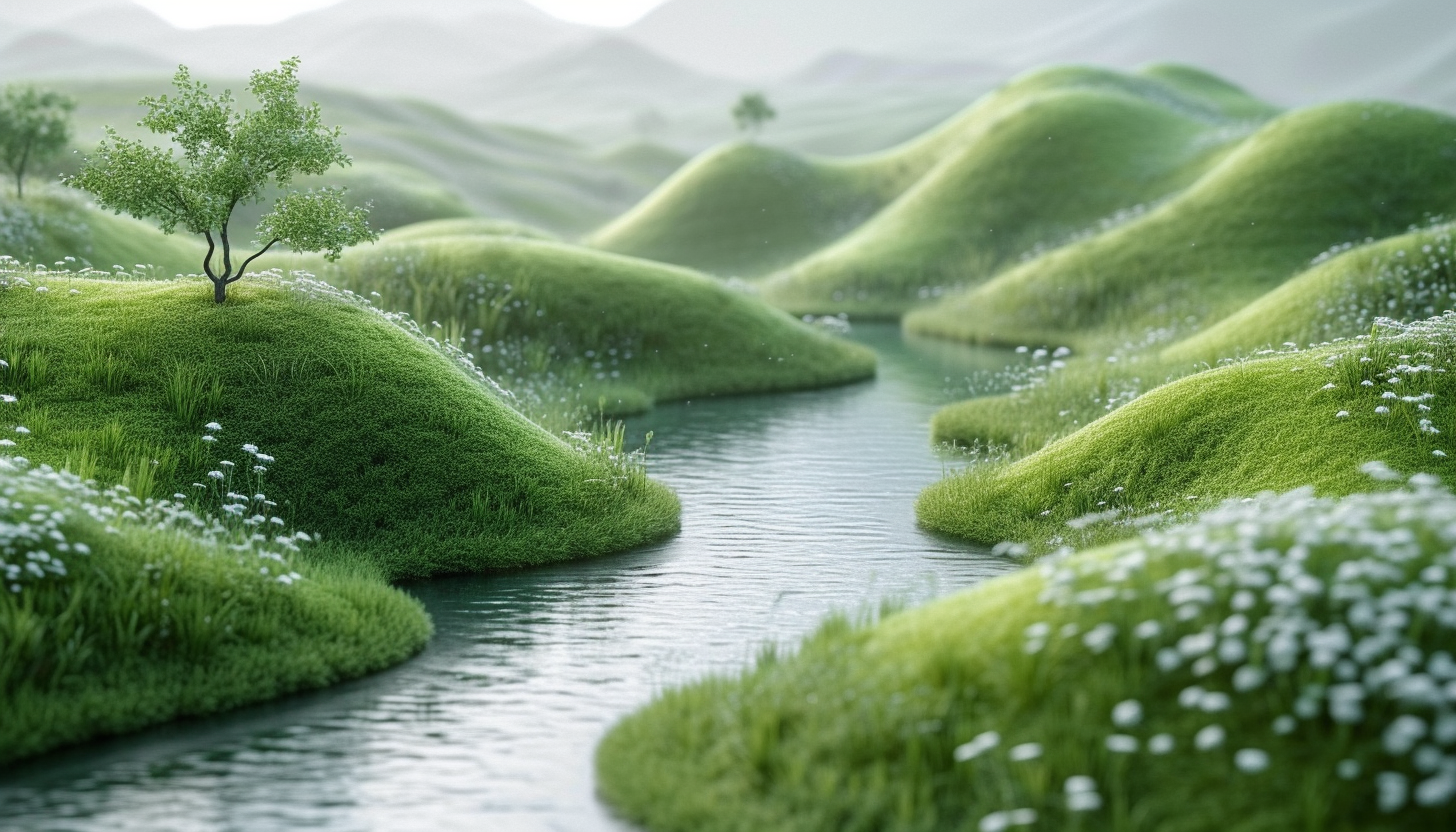 A serene app icon featuring a lush green landscape with rolling hills and a calm river, encapsulating the essence of tranquility.