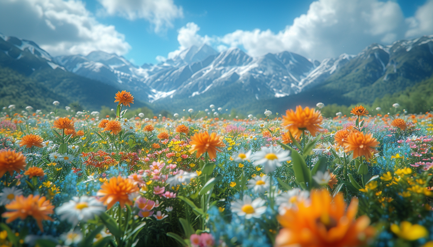 An alpine meadow in full bloom, surrounded by snow-capped mountains, wildflowers, and the sounds of nature.