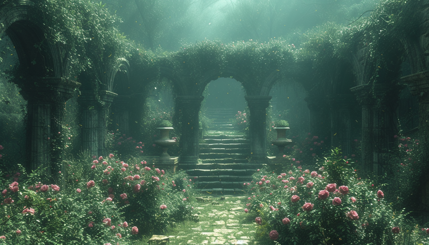 Discover a secret garden hidden within an overgrown maze, filled with hidden treasures, enchanting statues, and a sense of mystery.