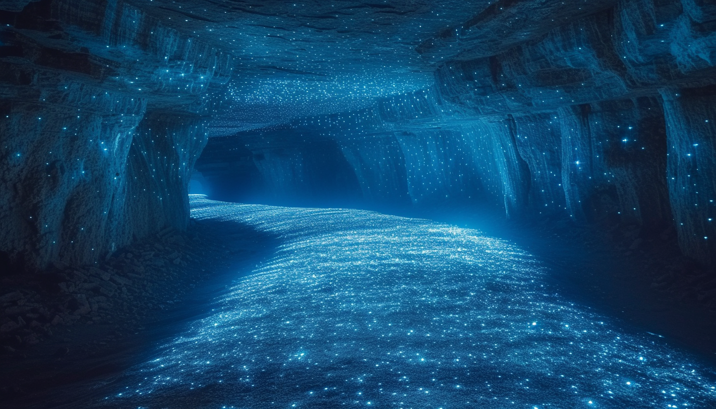 Enter a subterranean cavern illuminated by bioluminescent fungi, creating an eerie, phosphorescent underground world.