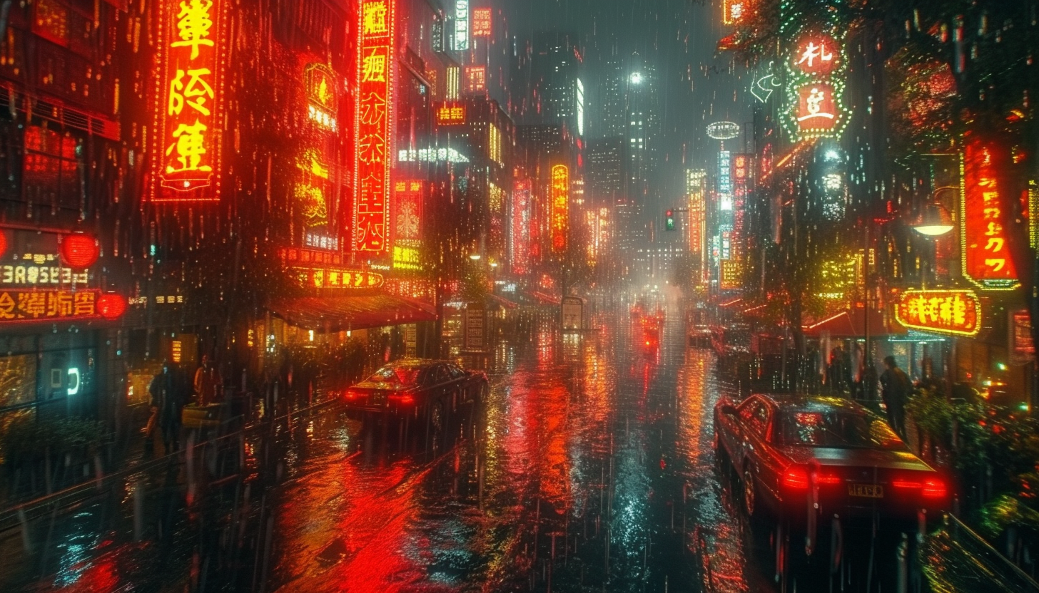 A cyberpunk cityscape in the rain, featuring neon signs, futuristic skyscrapers, and streets reflecting the glow of the city's lights.