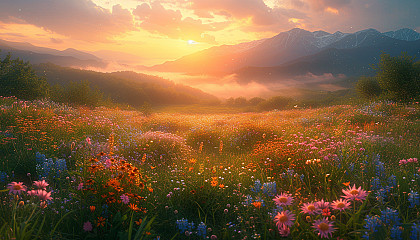 Peaceful meadow at early morning, blanketed in dew, with wild rabbits hopping amongst wildflowers, a gentle sunrise, and a backdrop of distant misty mountains.