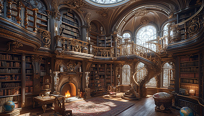 Ancient library filled with towering bookshelves, antique globes, a grand fireplace, and a spiral staircase leading to a hidden alcove.