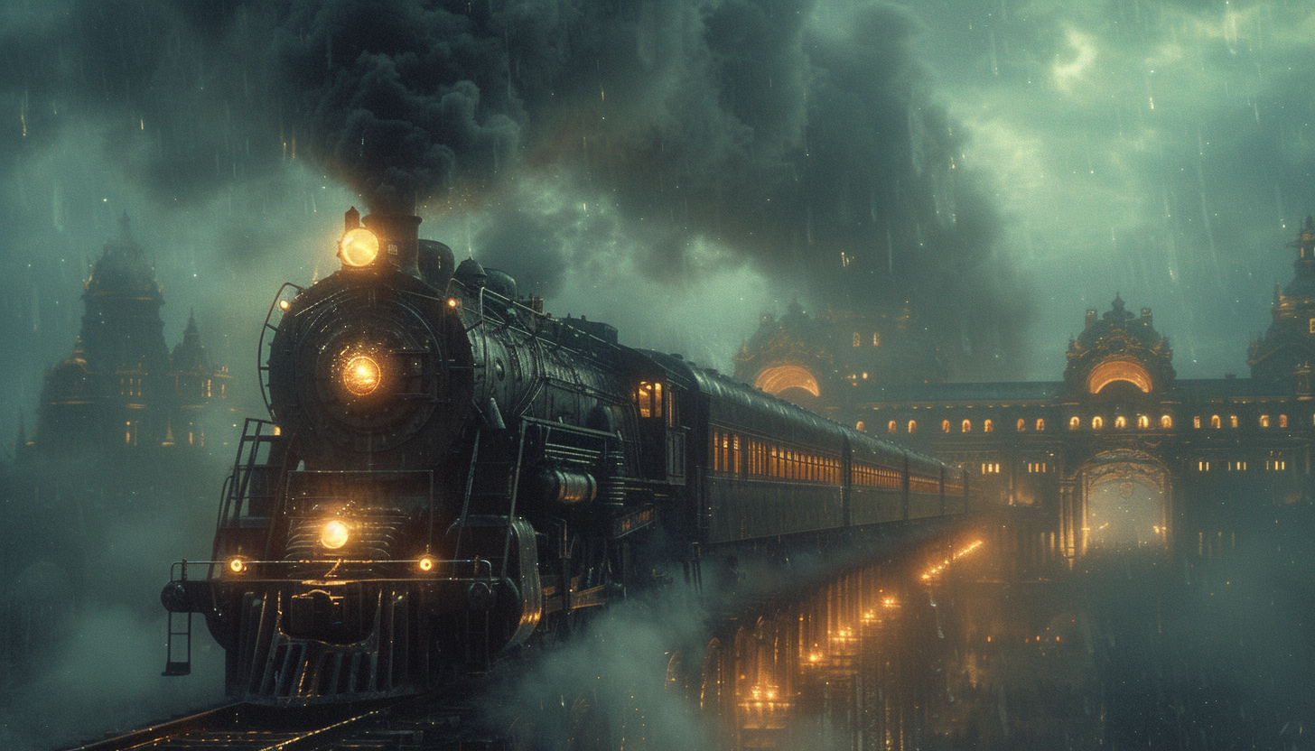 Roam through a Victorian-era steam locomotive station, with billowing steam, grand arches, and travelers from a bygone era.