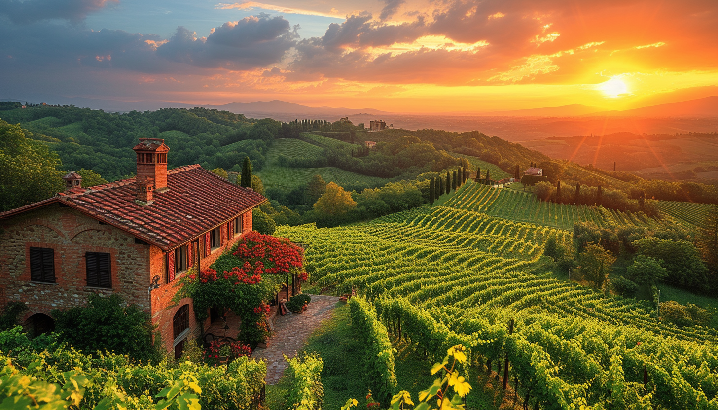 Lush vineyard landscape in Tuscany, rolling hills, rows of grapevines, a rustic stone farmhouse, and a setting sun.