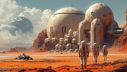 Futuristic Martian colony with domed habitats, rovers on the red terrain, astronauts conducting research, and Earth visible in the sky.