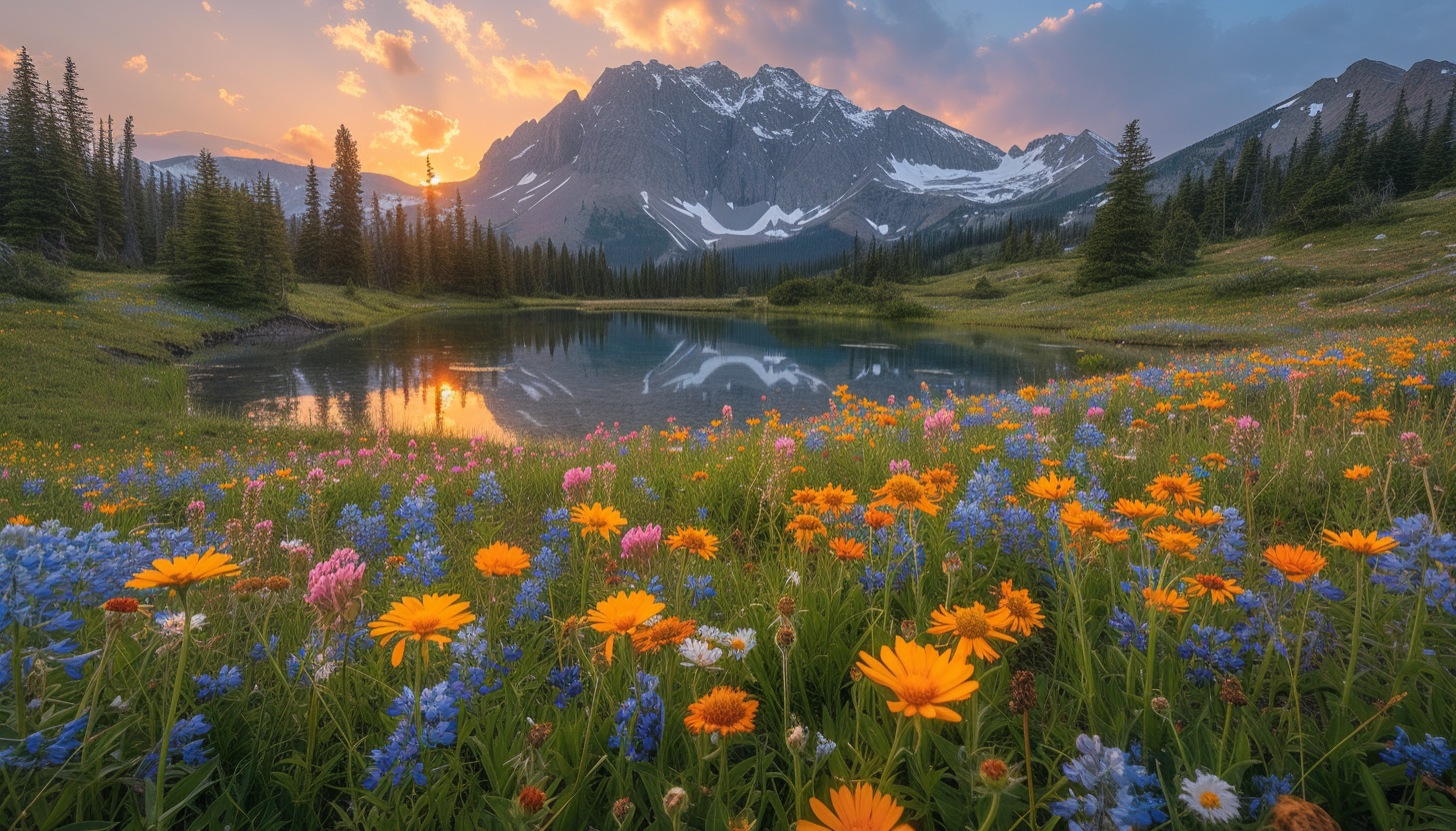 A pristine alpine meadow at sunrise, surrounded by snow-capped peaks, where wildflowers bloom in a sea of color.