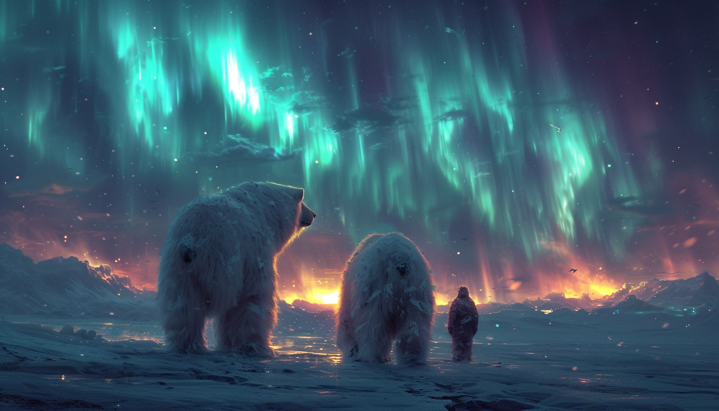 Visualize an Arctic landscape with snow-covered mountains, polar bears, and the mesmerizing dance of the Northern Lights in the night sky.