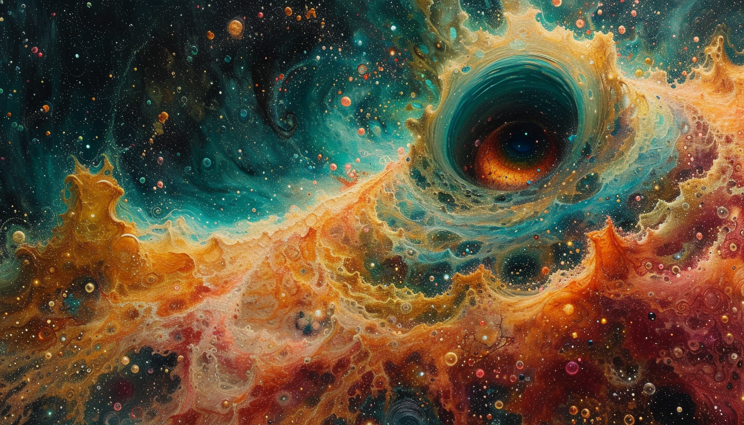 Drift through an abstract dreamscape in the cosmos, where surreal shapes and cosmic phenomena merge in a kaleidoscope of colors and patterns.