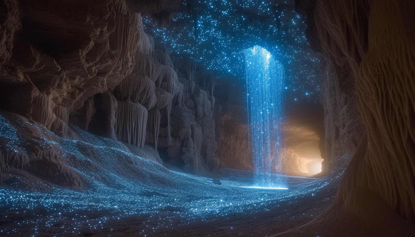 Enter a subterranean cavern illuminated by bioluminescent fungi, creating an eerie, phosphorescent underground world.