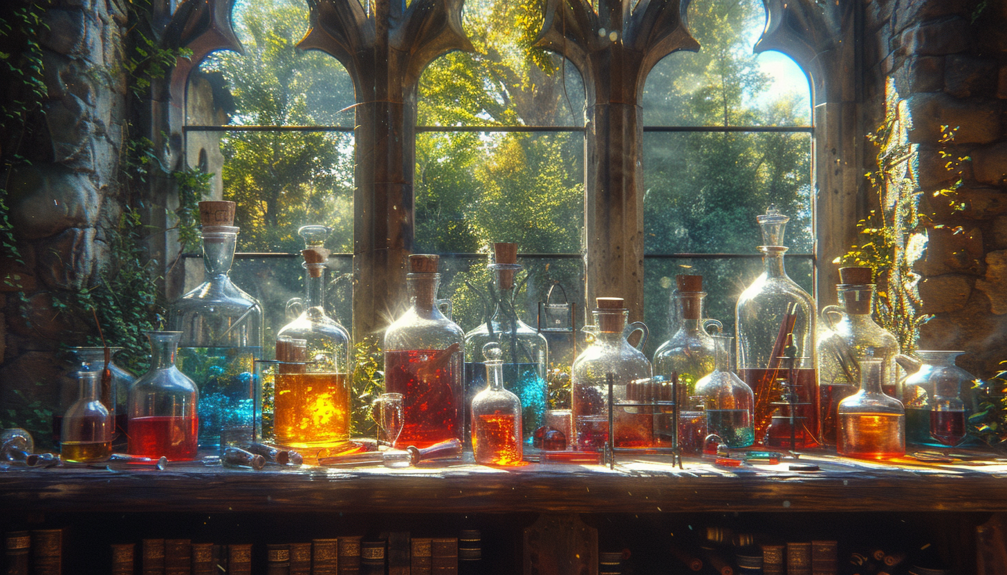 Step into a medieval alchemist's laboratory, with bubbling potions, arcane symbols, and the promise of mystical discoveries.