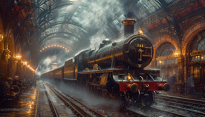 Roam through a Victorian-era steam locomotive station, with billowing steam, grand arches, and travelers from a bygone era.