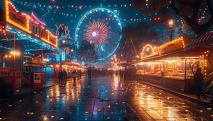 Vibrant carnival scene with festive lights, colorful booths, a Ferris wheel, and people in costume enjoying the festivities.