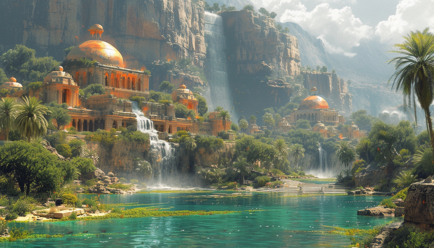 A post-apocalyptic wasteland with a hidden oasis, where lush vegetation and a crystal-clear oasis provide a glimmer of hope in a desolate world.