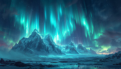 Visualize an Arctic landscape with snow-covered mountains, polar bears, and the mesmerizing dance of the Northern Lights in the night sky.