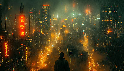 Journey to a cyberpunk metropolis under a stormy sky, where towering skyscrapers are illuminated by neon signs, and bustling streets are soaked in the rain.