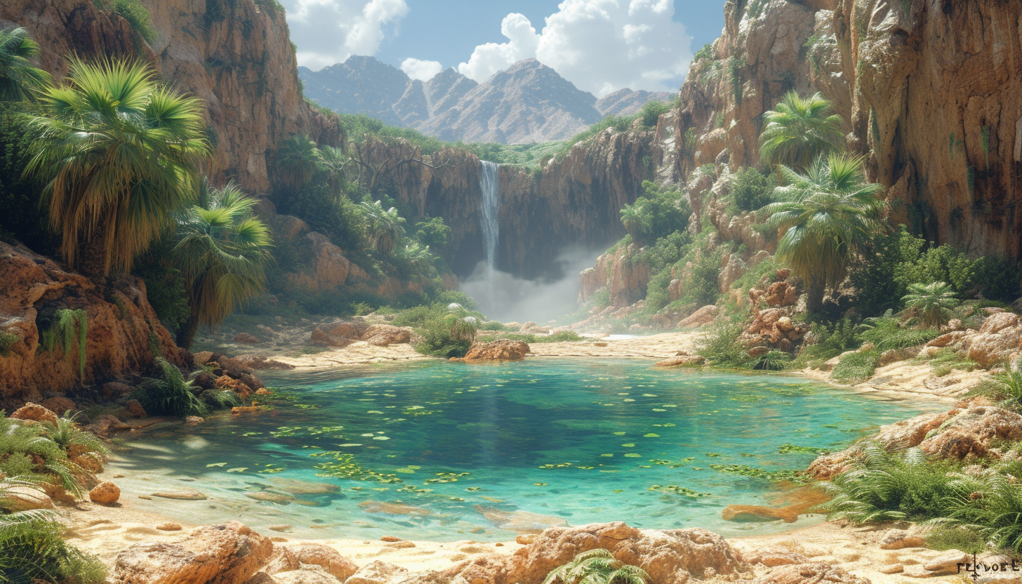 A post-apocalyptic wasteland with a hidden oasis, where lush vegetation and a crystal-clear oasis provide a glimmer of hope in a desolate world.