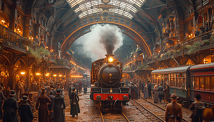 Roam through a Victorian-era steam locomotive station, with billowing steam, grand arches, and travelers from a bygone era.