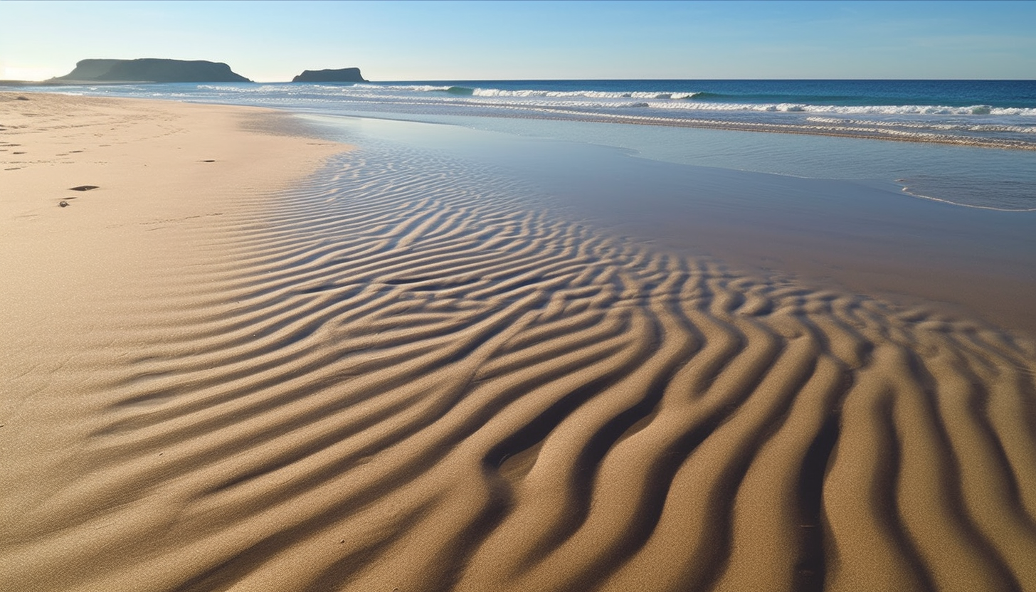 Sand patterns left behind by receding waves on a pristine beach.