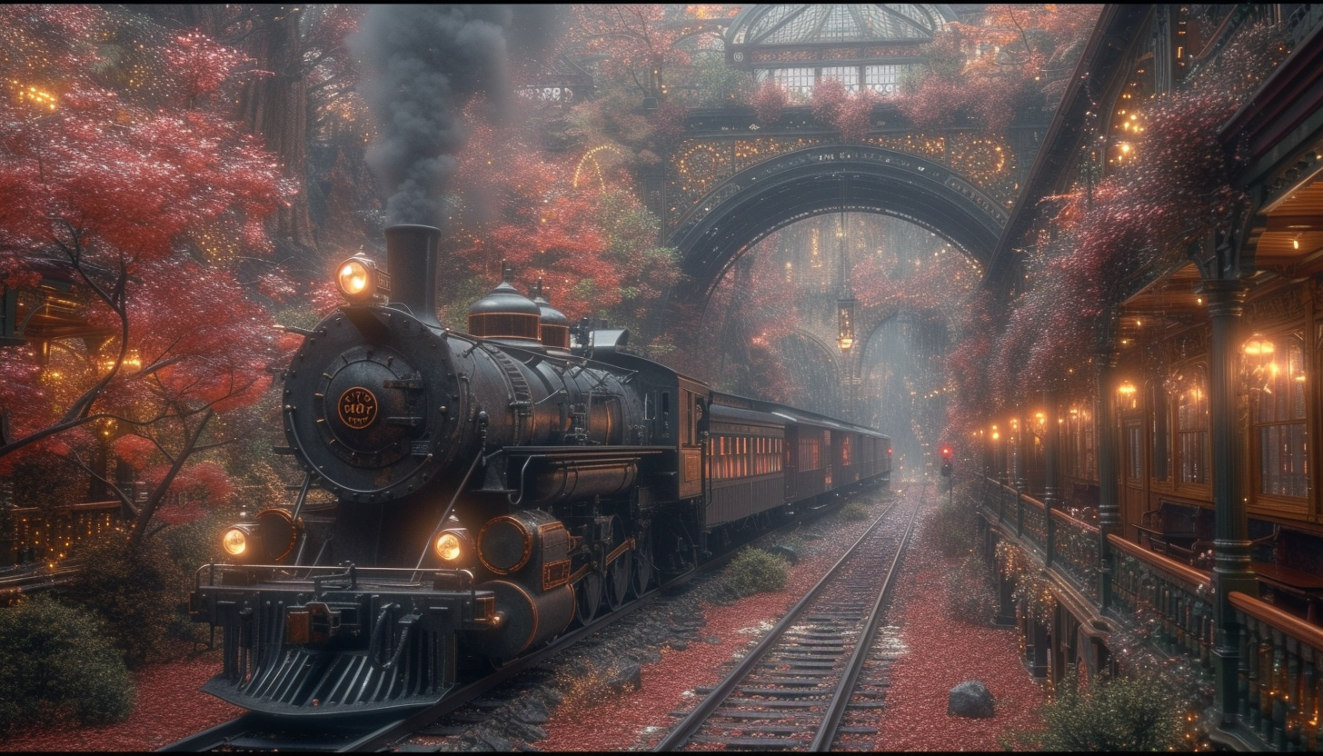 Roam through a Victorian-era steam locomotive station, with billowing steam, grand arches, and travelers from a bygone era.