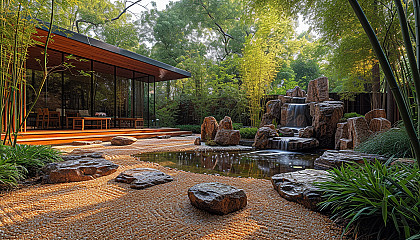 Find serenity in a Zen garden with a meditative rock arrangement, tranquil water features, and a canopy of bamboo.