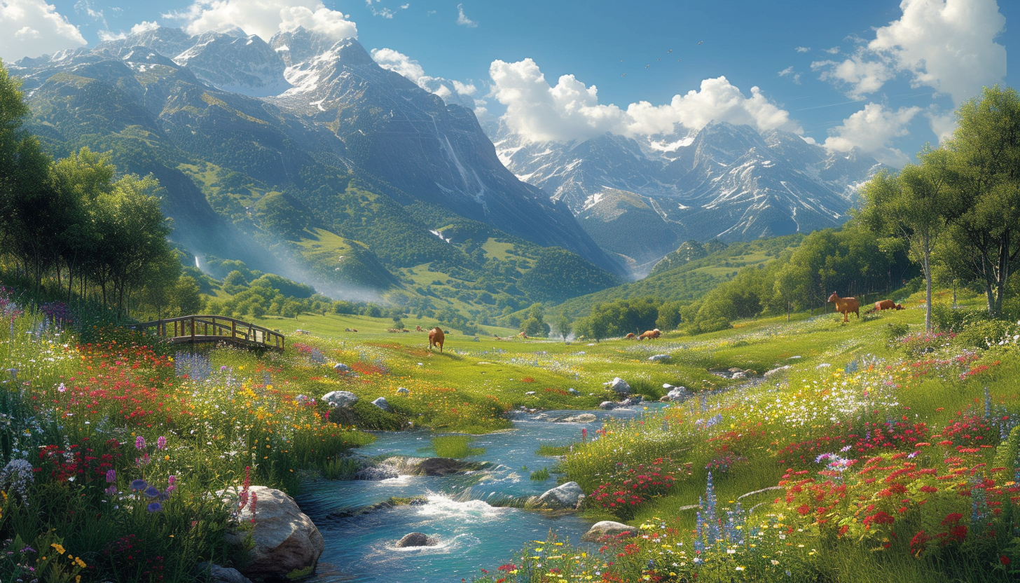 A verdant valley in springtime, with a bubbling stream, colorful wildflowers, grazing animals in the distance, and a quaint wooden bridge crossing the water.