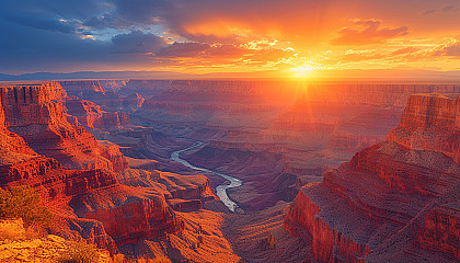 Majestic view of a rugged canyon landscape at sunset, with deep red and orange hues, shadows playing across the vast rock formations, and a winding river below.