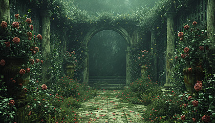 Discover a secret garden hidden within an overgrown maze, filled with hidden treasures, enchanting statues, and a sense of mystery.