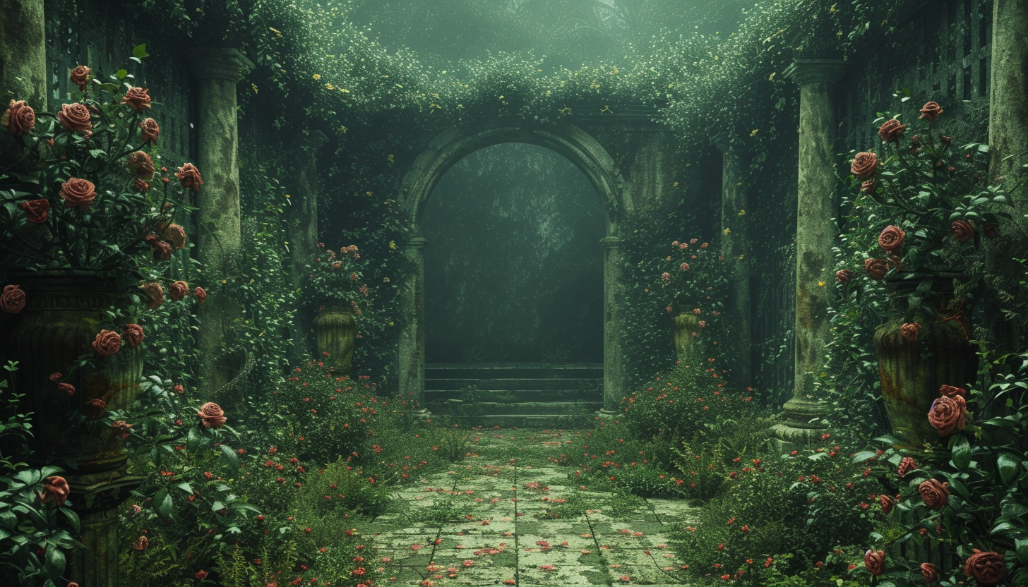 Discover a secret garden hidden within an overgrown maze, filled with hidden treasures, enchanting statues, and a sense of mystery.